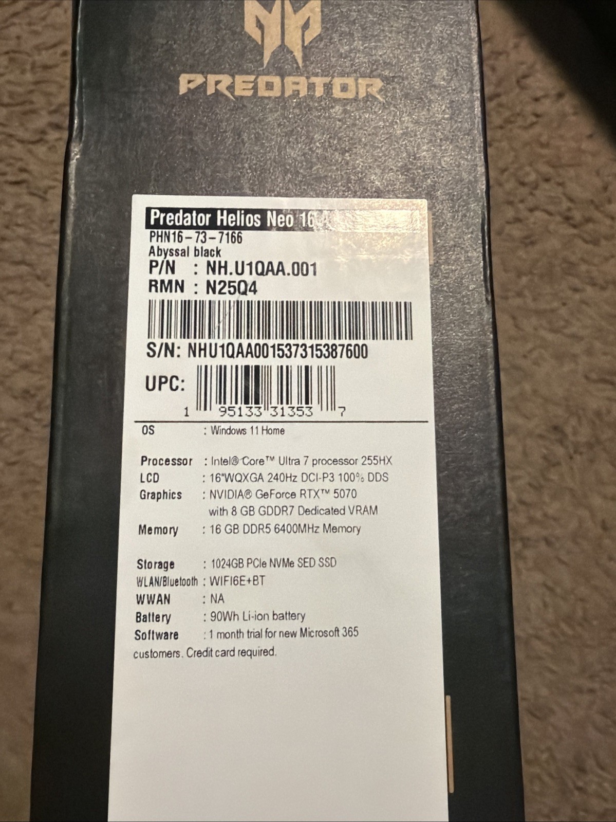 Acer Predator Helios Neo 16 AI 240hz 2.4 GHz Ultra 7 255HX 16GB 1TB RTX 5070