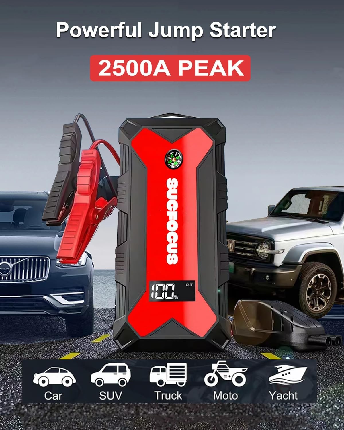 Portable Car Jump Starter 2500A for 8.0L Gas/7L Diesel, LED Light, USB QC3.0