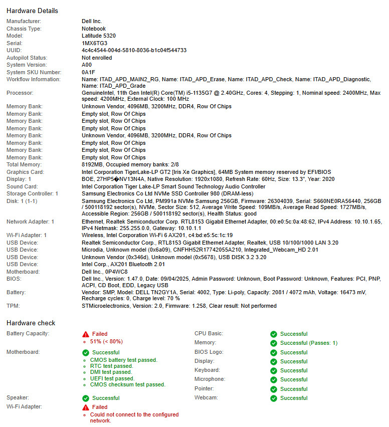Dell Latitude 5320, i5-1135G7, @ 2.40GHz, 8GB RAM, 256GB NVMe-No OS/Adapter