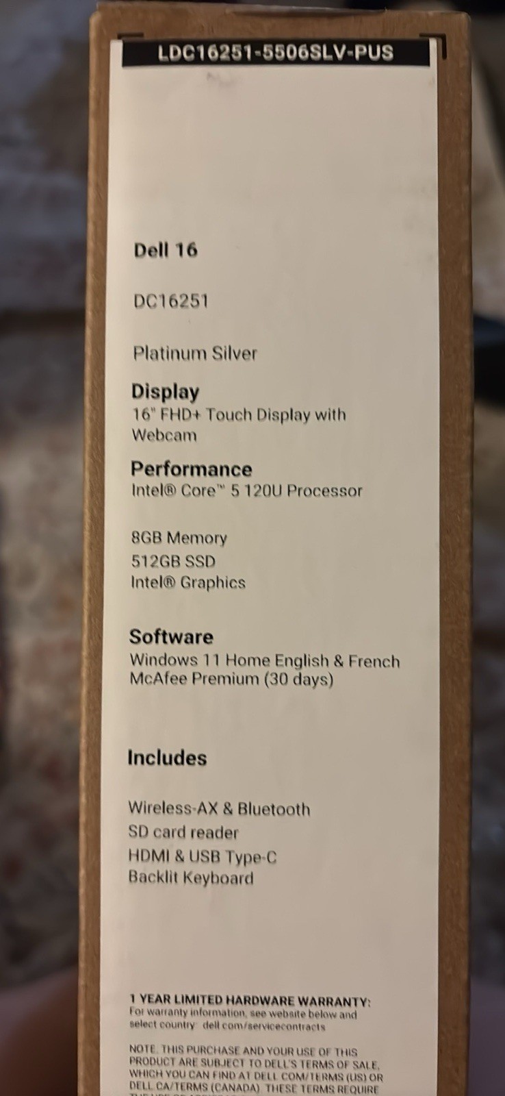 Dell 16” Laptop, Intel® Core™ 5, 8GB, 512GB, FHD+ Touch, Silver,Backlit Keyboard
