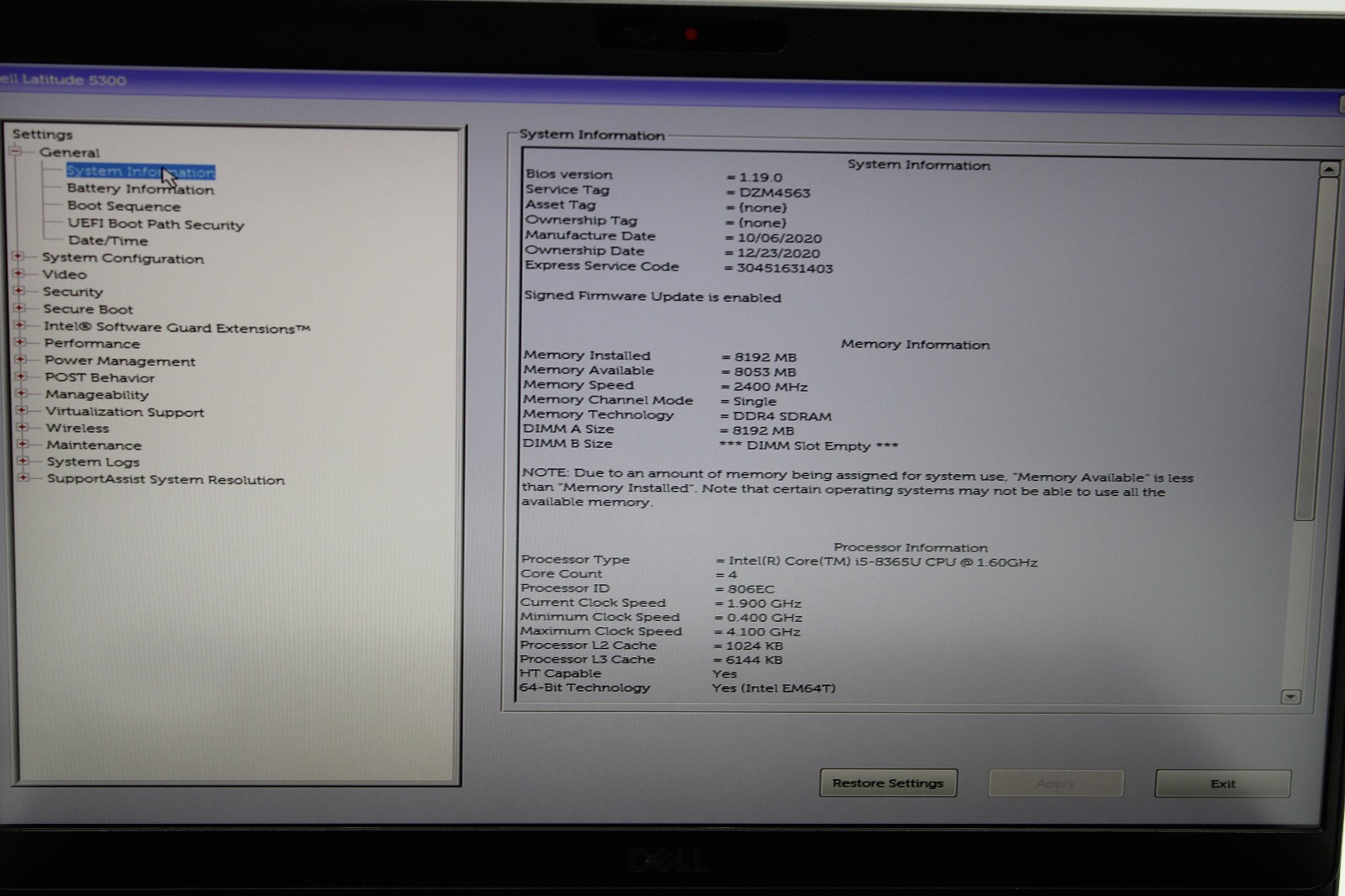 Dell Latitude 5300 i5-8365U @ 1.6 GHz 8GB RAM 256GB SSD No OS