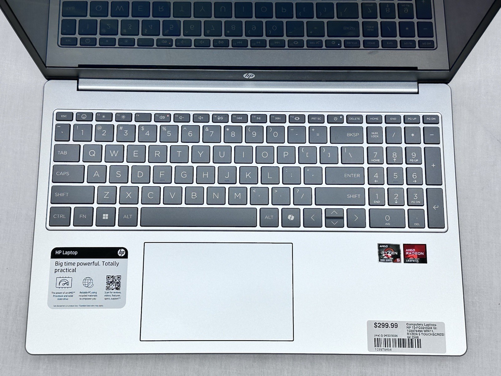 HP Laptop 15-fc0xxx 15.6” Ryzen 5 7520U 16GB Win 11 Home Silver Touchscreen