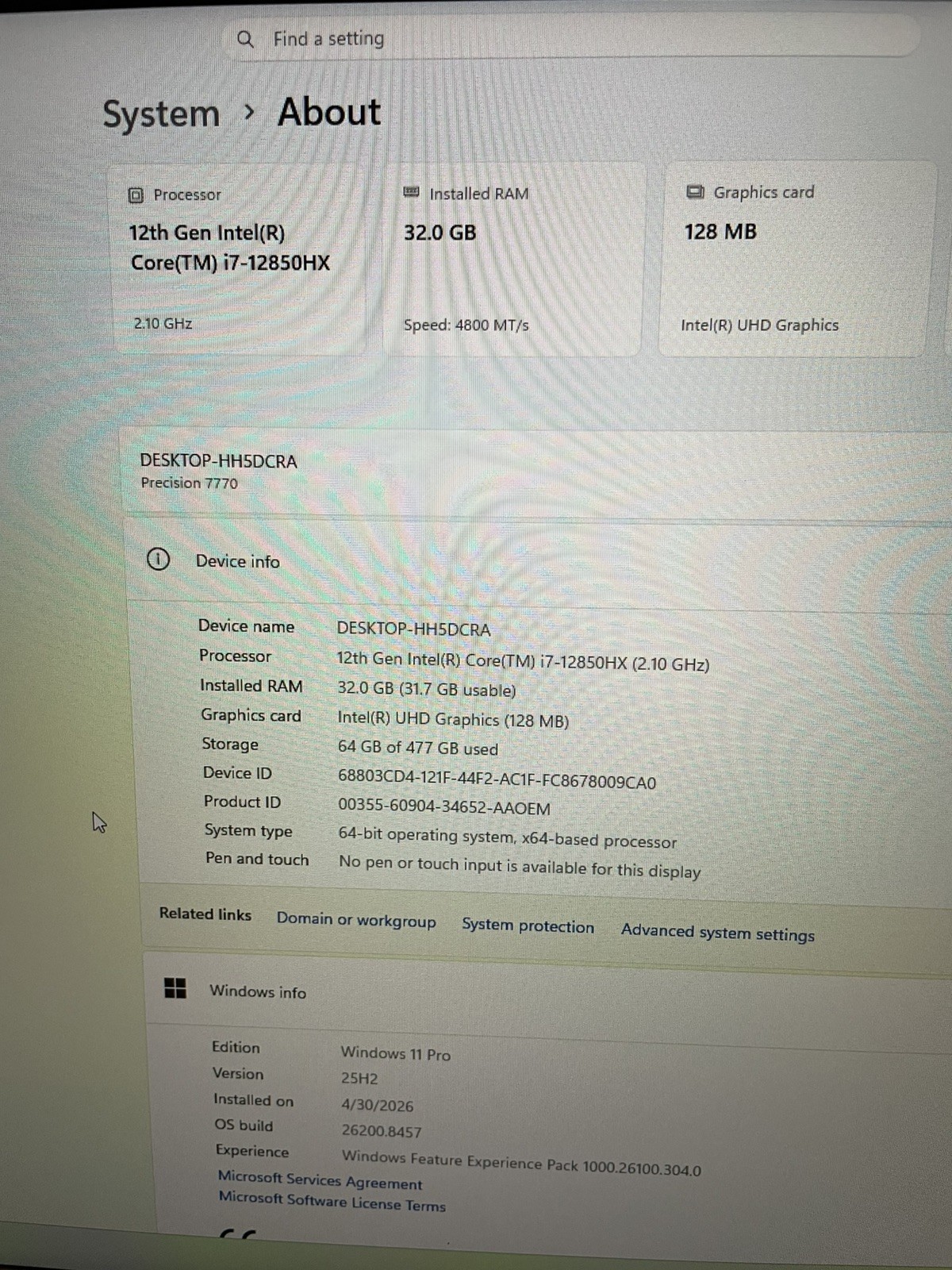 Dell Precision 7770 Core i7-12850HX 4.8GHz DDR5 32GB 4800MHz ***NO HDD/SSD***