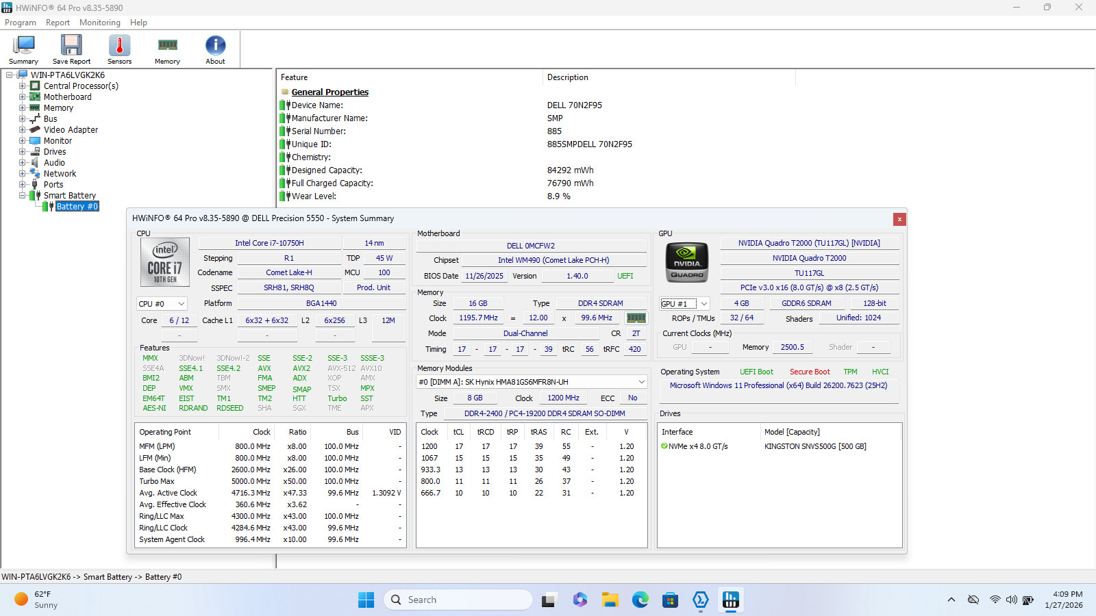 Dell Precision 5550 I7-10750H 512GB SSD 16GB Quadro T2000 Palmrest *READ*