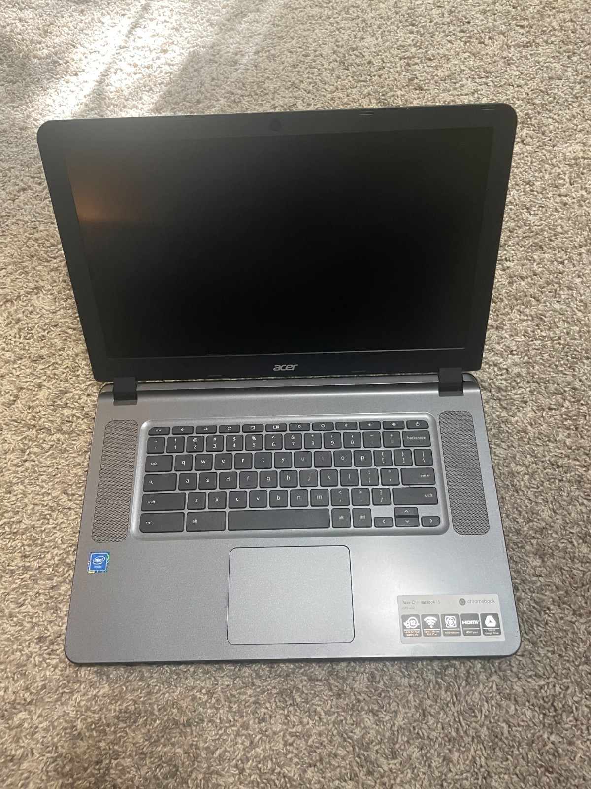 Acer Chromebook 15/ CB3-532/Grey/ 12 hour battery life/ Intel Inside/ HDR Webcam