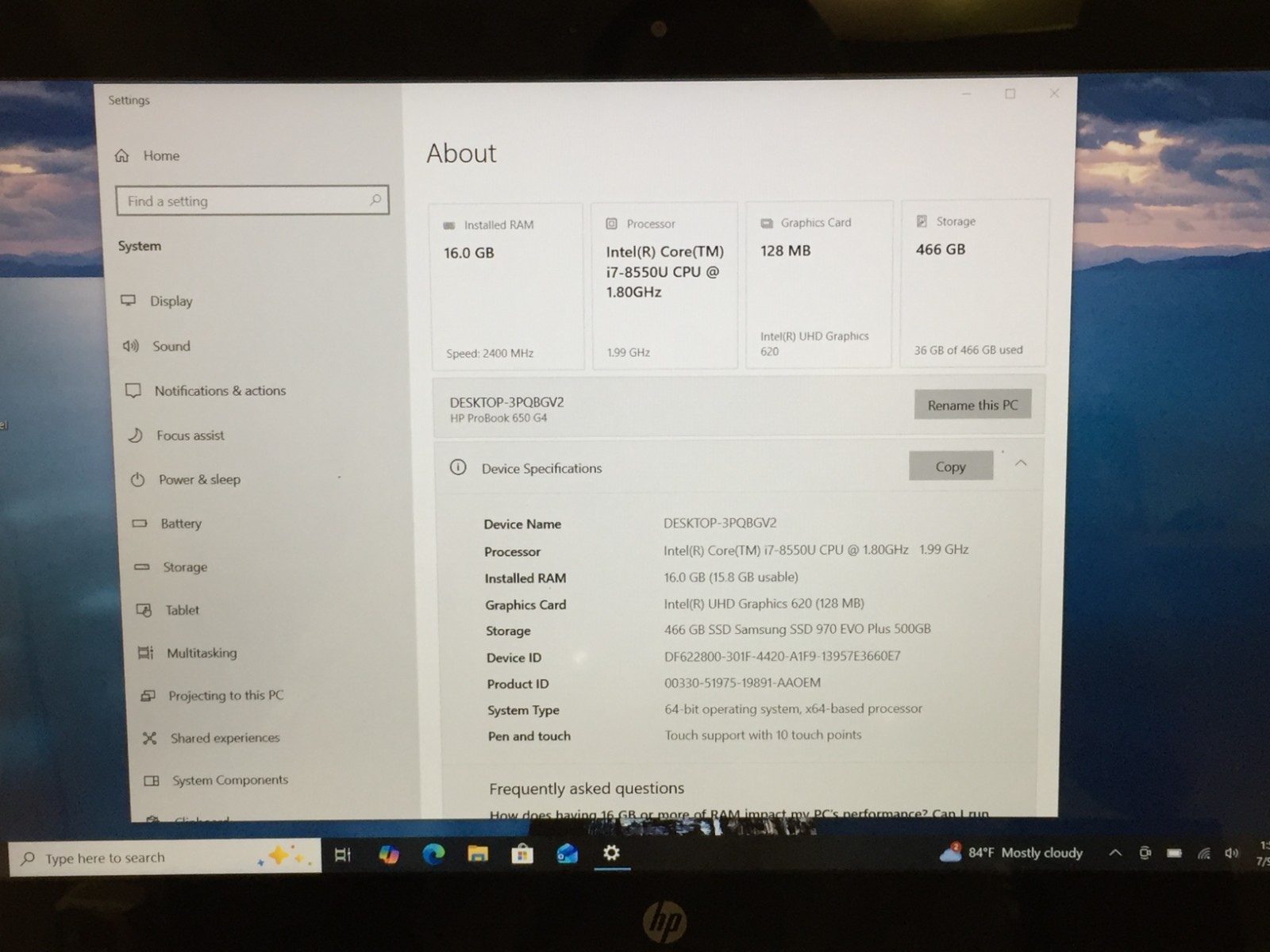 HP ProBook 650 G4 15.6” FHD Touch Screen Core i7-8550U 16GB RAM 500GB SSD DVDRW