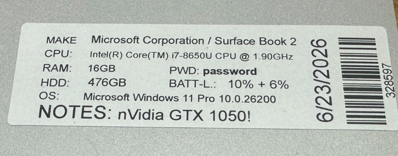MICROSOFT SURFACE BOOK 2 LAPTOP CORE i7-8650u @ 1.90GHZ 16GB RAM 512GB SSD