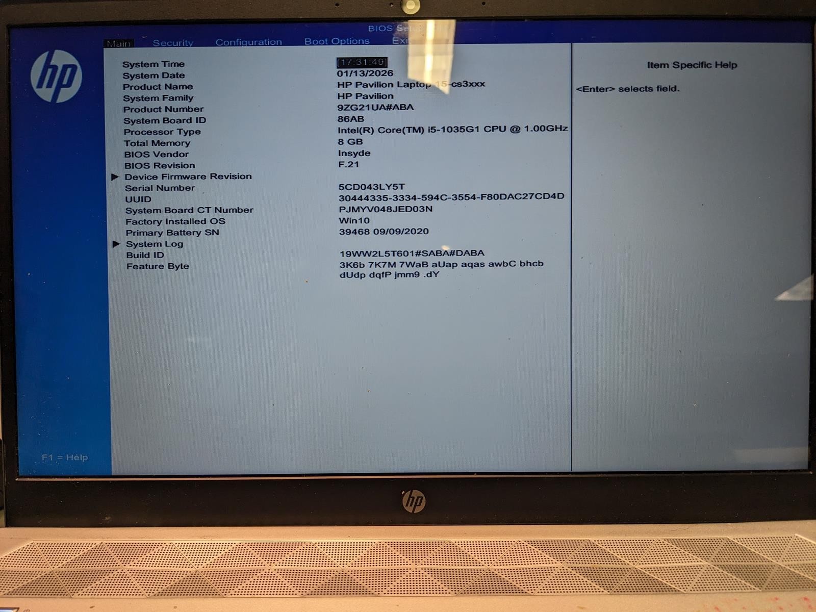 HP PAVILION – 15-CS3025OD i5-1035G1 @ 1.00GHz, 8GB RAM, NO HDD/OS