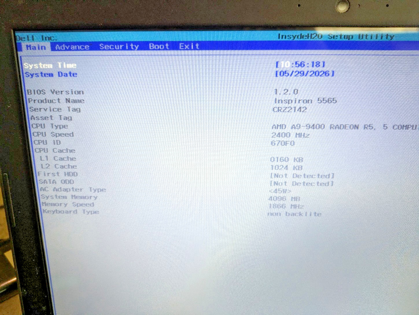 DELL INSPIRON 5565 – BOOTS TO BIOS – AMD A9 9400P-4GB RAM -No Optical, SSD
