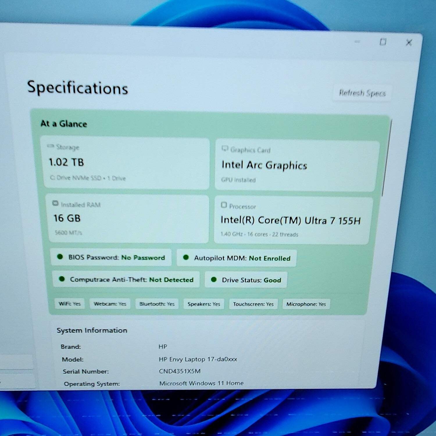 HP Envy 17″ Core Ultra 7 155H 1.4GHz 16GB RAM 1TB SSD READ