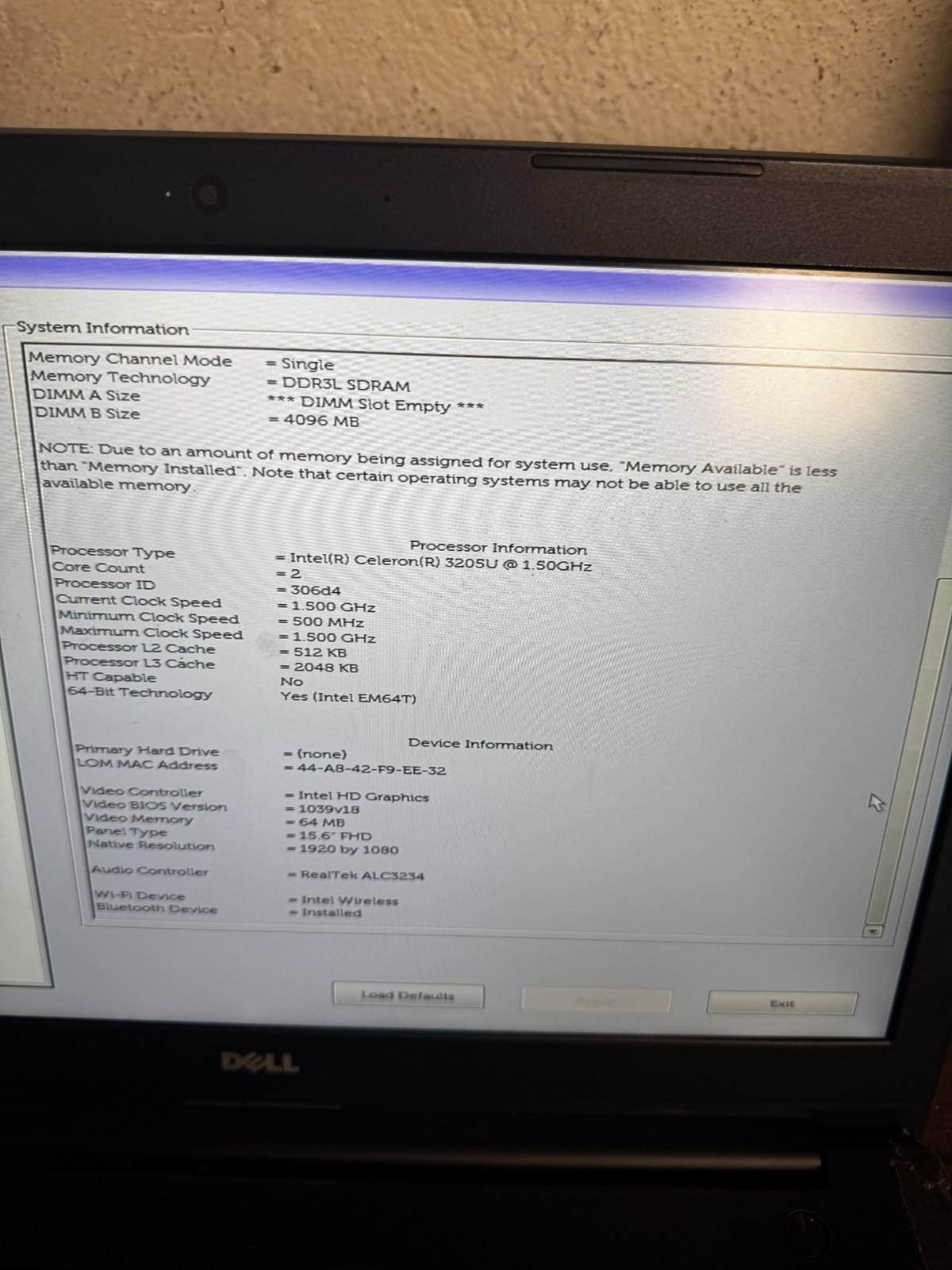 Dell Latitude 3550 Intel Celeron 3205U laptop For Parts/Repair #6444