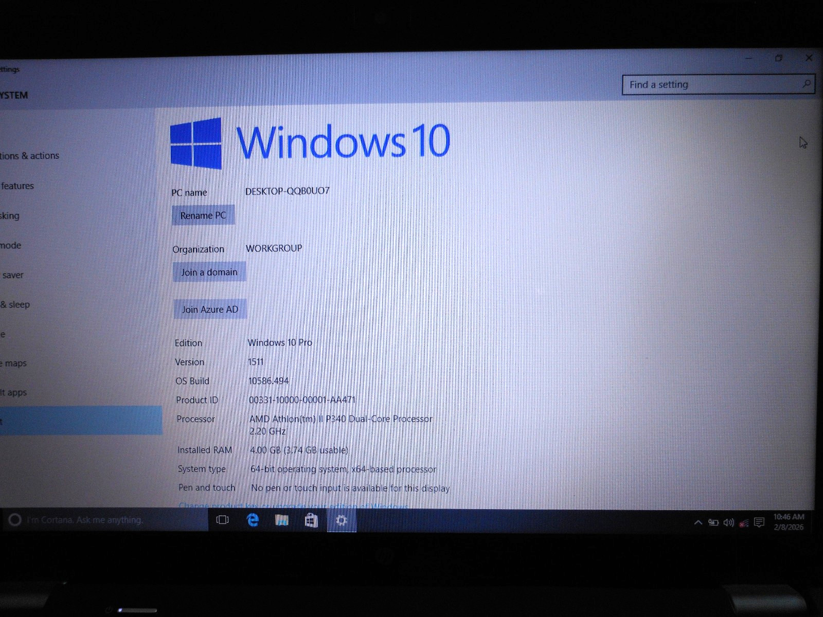 HP G62 AMD Athlon II P340Dual-core 2.20MHz 4GB 120GB SDD WINDOWS 10 PRO”