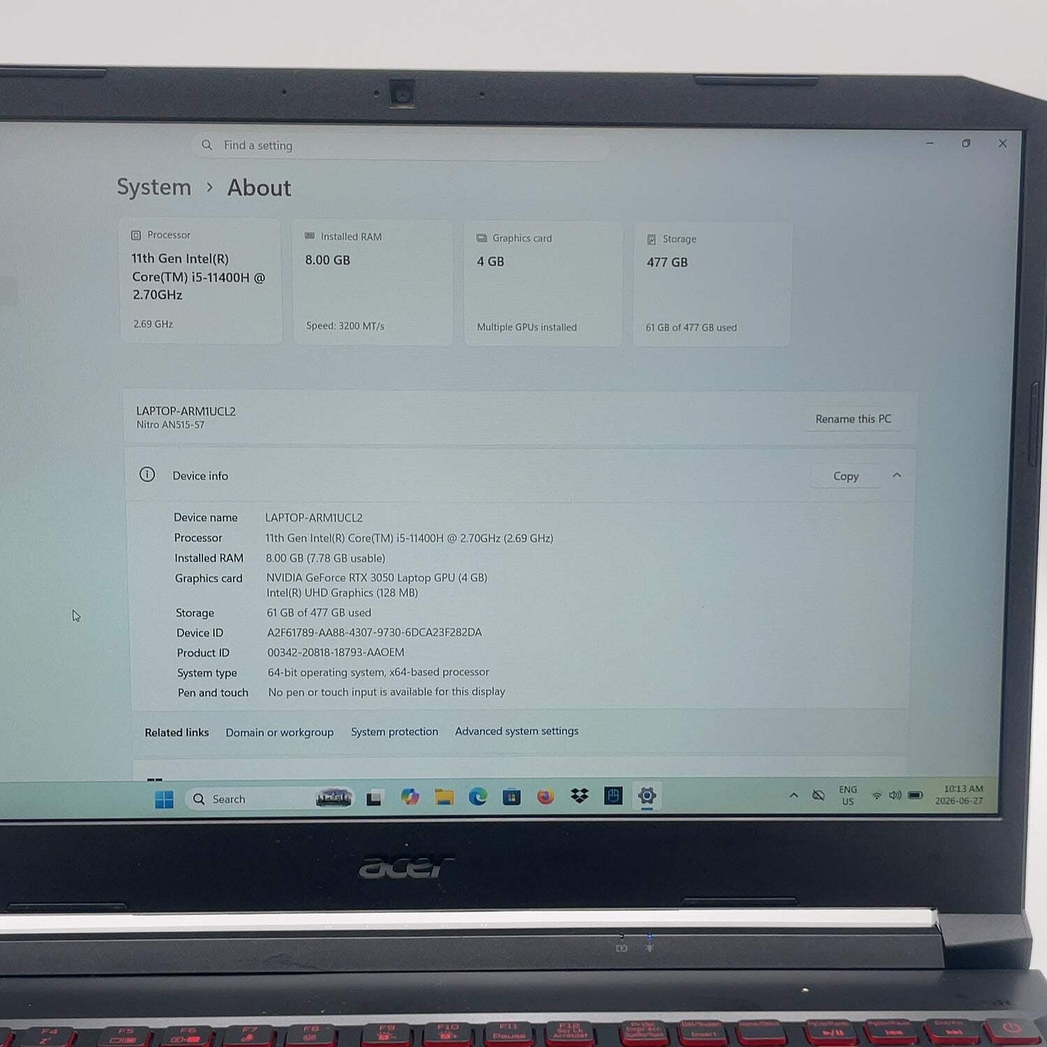 Acer Nitro 5 AN515‑57 15.6″ i5-11400H 2.7GHz 8GB RAM 512GB SSD GeForce RTX 3050