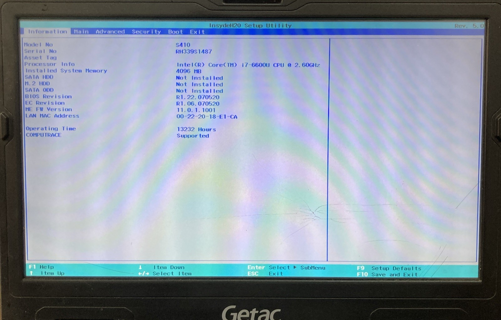 Getac S410 i7-6600U i7-6600U 2.60GHz 4GB RAM No HDD Boot to BIOS