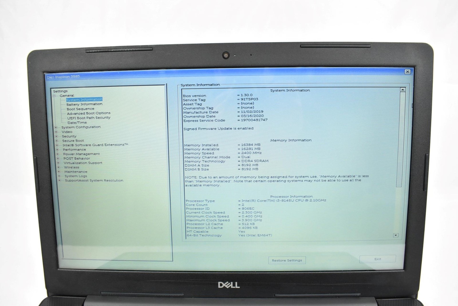 Dell Inspiron 3583 Touch Laptop i3-8145U 2.1GHz 16GB 512GB SSD No OS 15.6″
