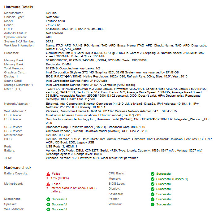 Dell Latitude 5580, i5-6300U CPU, @ 2.40GHz, 8GB RAM, 256GB SSD-No OS/Charger