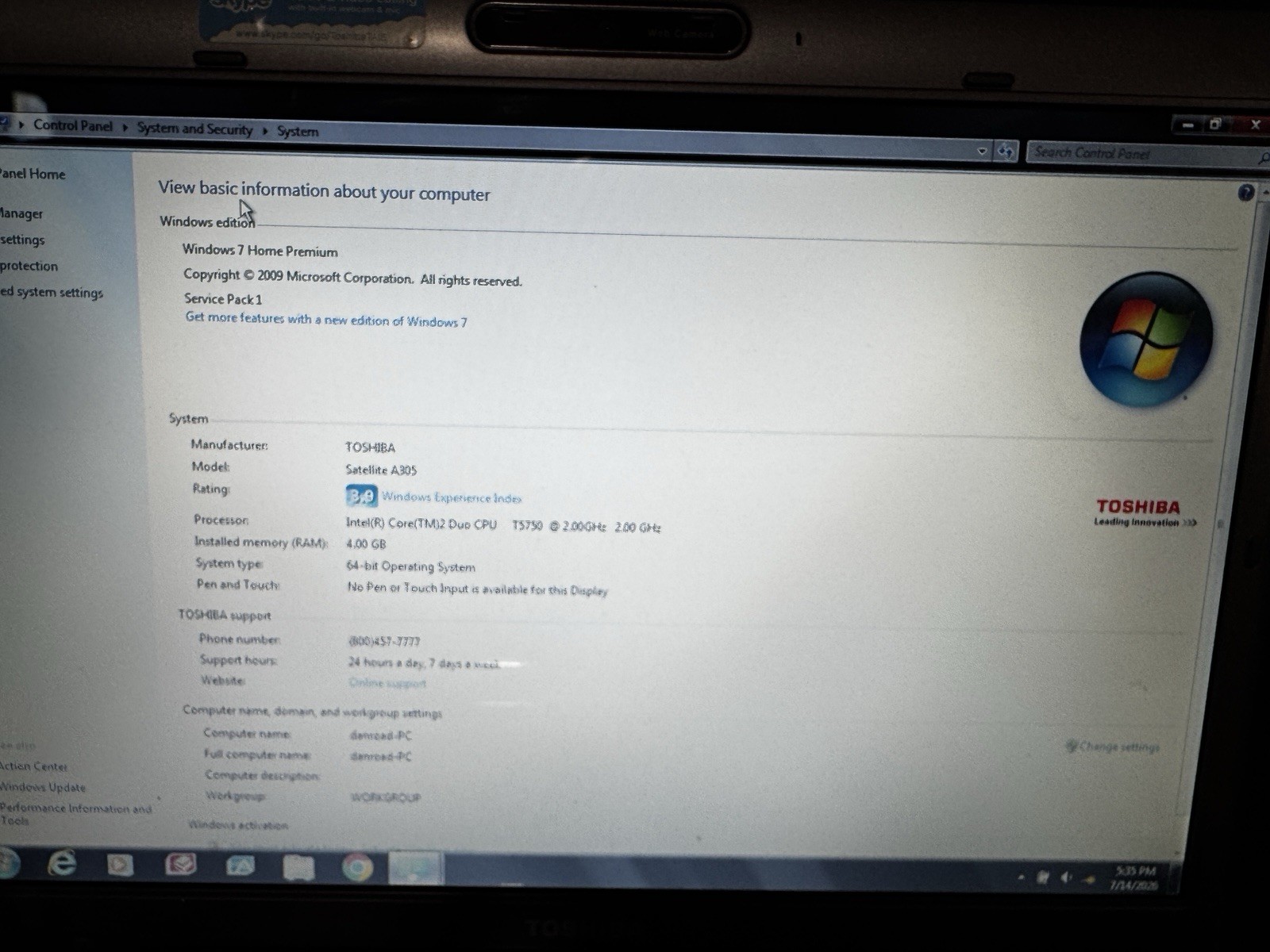 Toshiba Satellite A305-S6861 PSA-G4U-03M00P Core 2 Duo 4GB 300GB Win 7 PREM Copy