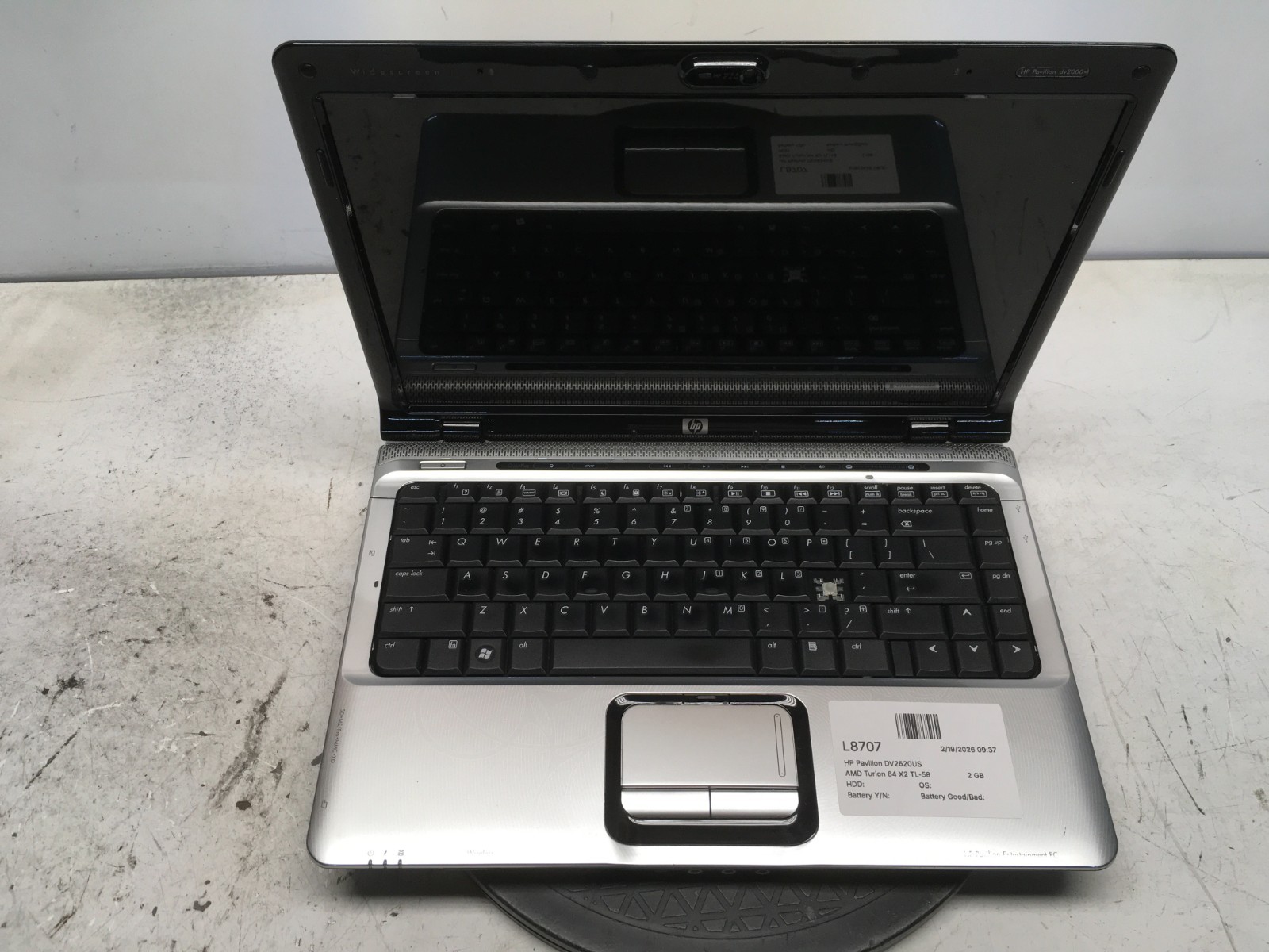 HP Pavilion DV2620US AMD Turion 64 X2 TL-58 1900MHz 2 GB NO HDD