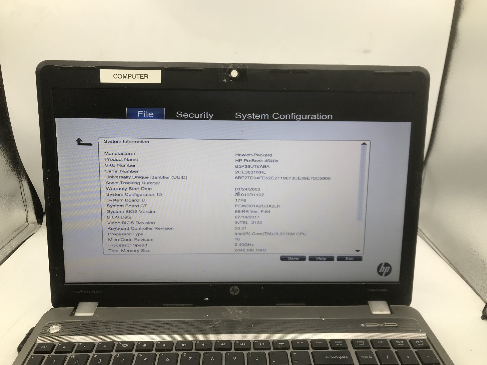 HP PROBOOK 4540S – BOOTS TO BIOS – INTEL I3 3110M – NO RAM – READ DESCRIP – BB!