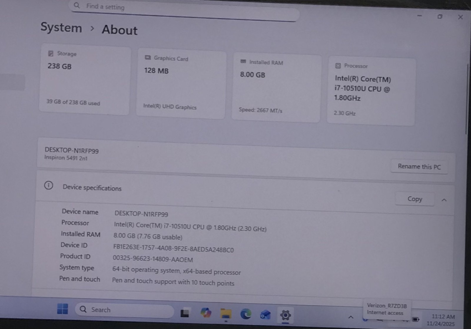 DELL INSPIRON 5491 2N1 i7-10510U@1.80GHz 8GB RAM 256GB SSD W11P TOUCH *READ