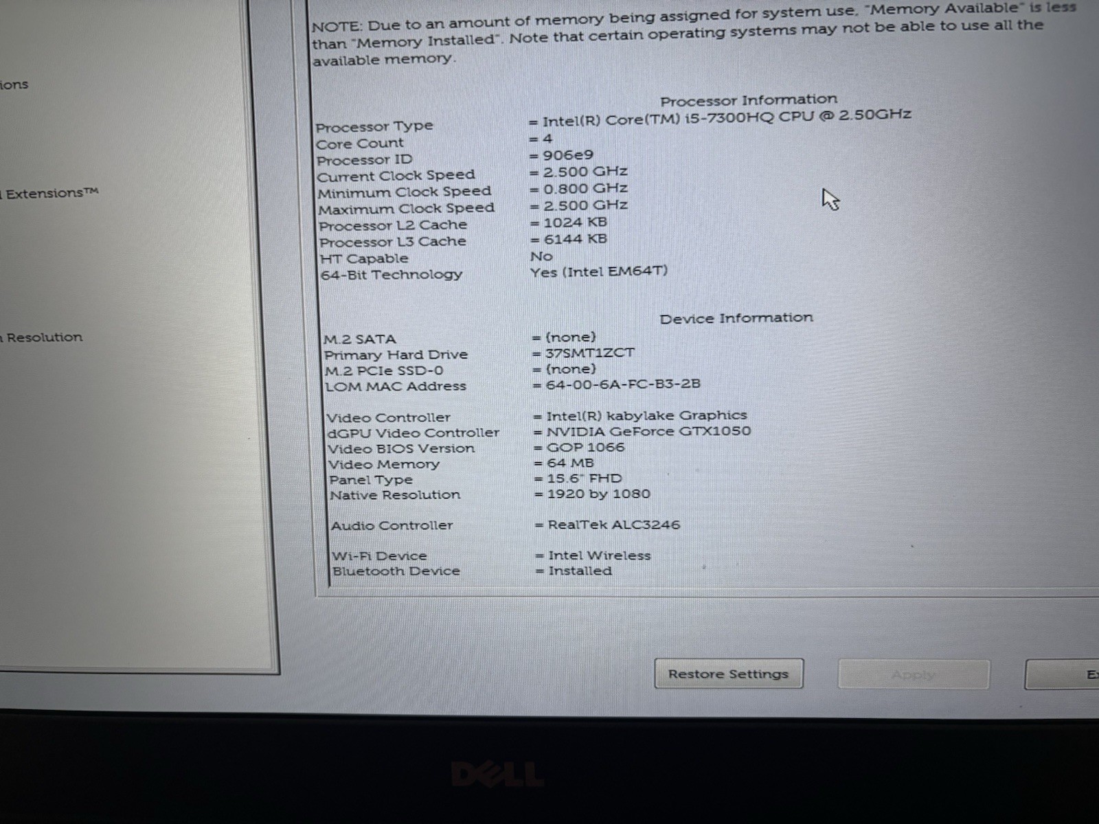 Dell Inspiron 15 7000 Gaming- Intel i5-7300HQ Laptop Computer NO OS