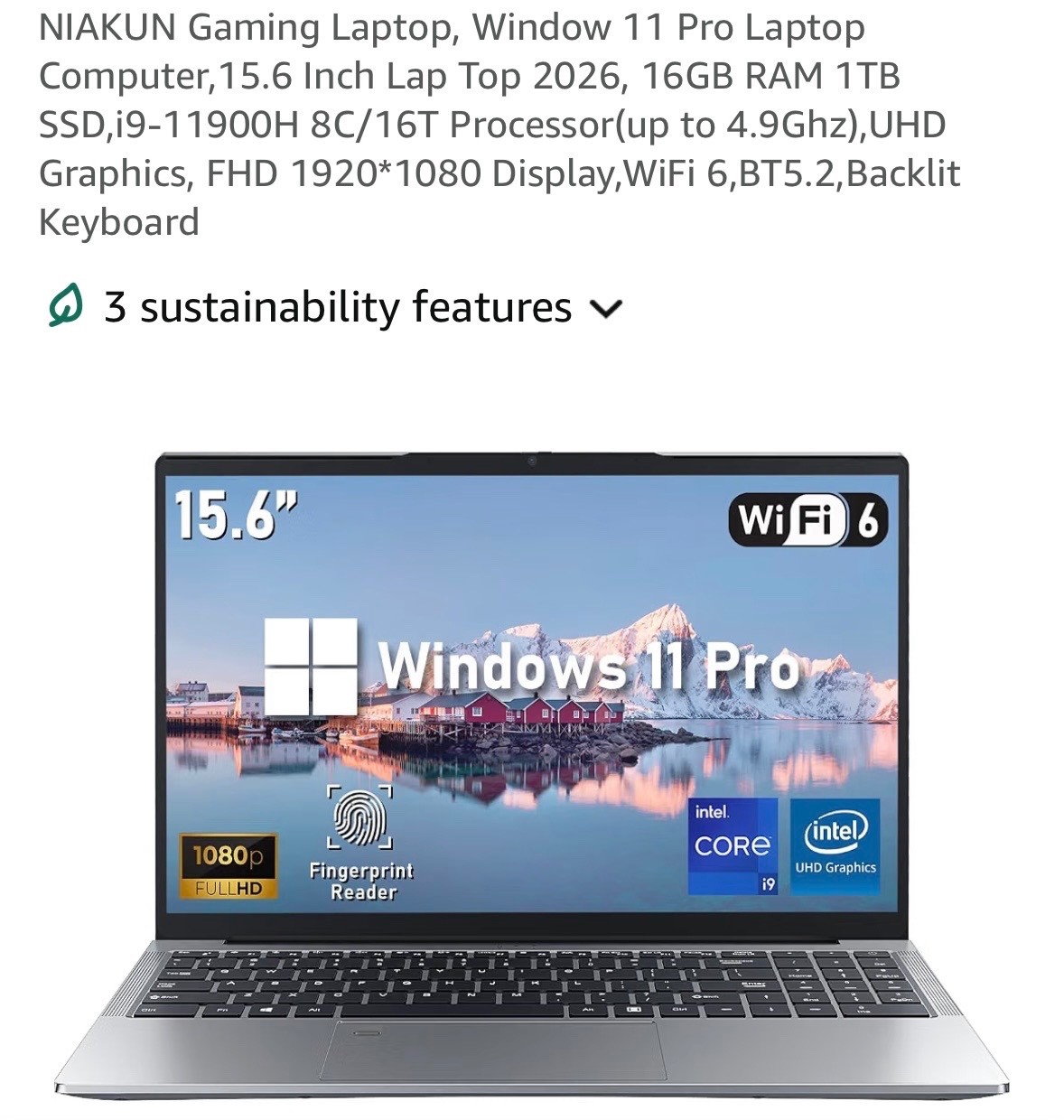 NIAKUN 15.6” Laptop Intel Core i9-11900H 16GB RAM 1TB SSD Windows 11 Pro FHD