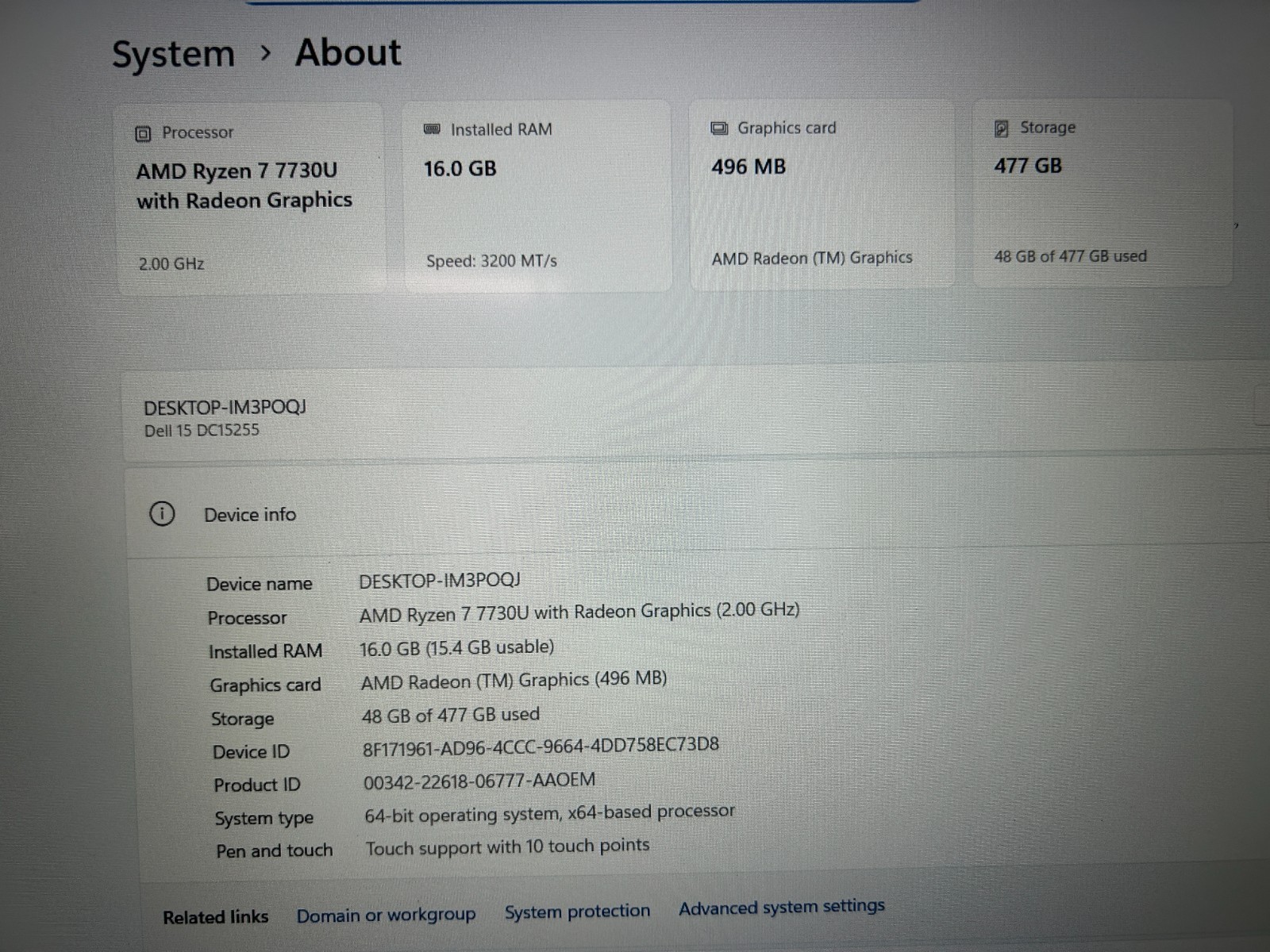 DELL 15 DC15255 G8MK9, AMD Ryzen 7 7730U, 2.00 GHz 16 GB RAM, 512 GB NVMe