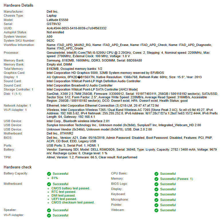 Dell Latitude E5550, i5-5200U CPU @ 2.20GHz, 8GB RAM, 256GB SSD-No OS/Charger