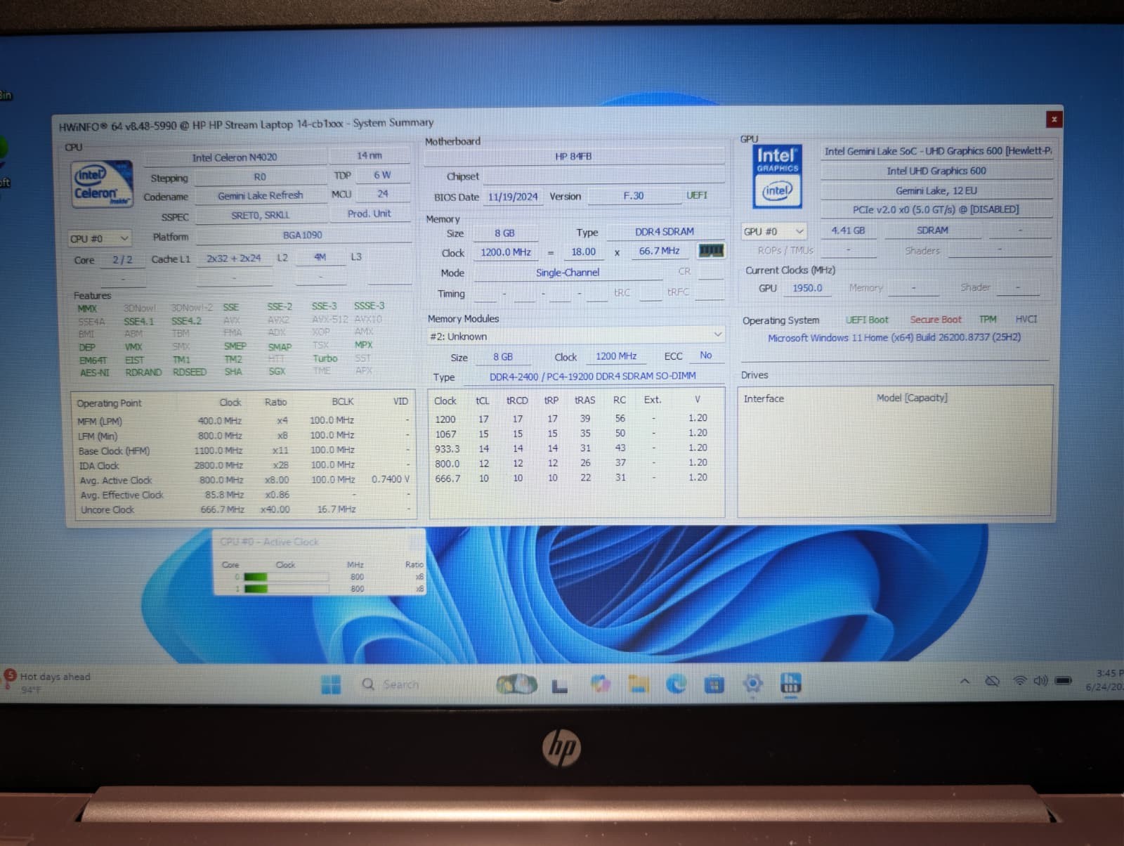 14″ HP Stream 14-CB1 | Intel Celeron N4020 8GB RAM 64GB SSD | Win 11 Home