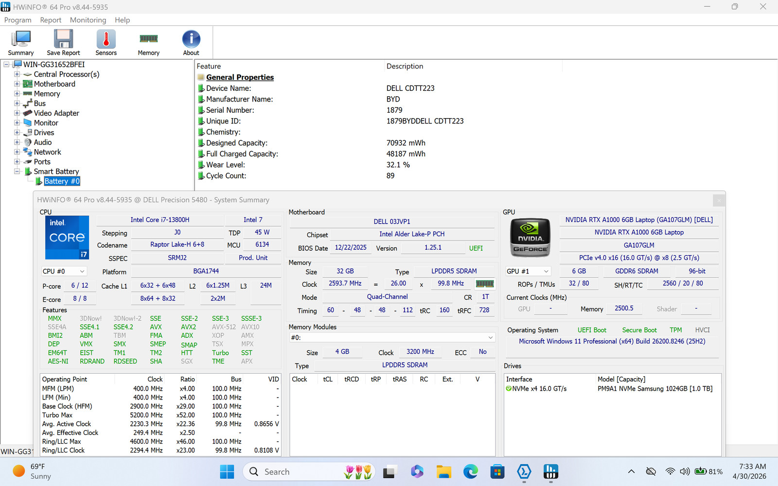 Dell Precision 5480 14″ Touch I7-13800H 1TB 32GB W11P RTX A1000 6GB Warranty
