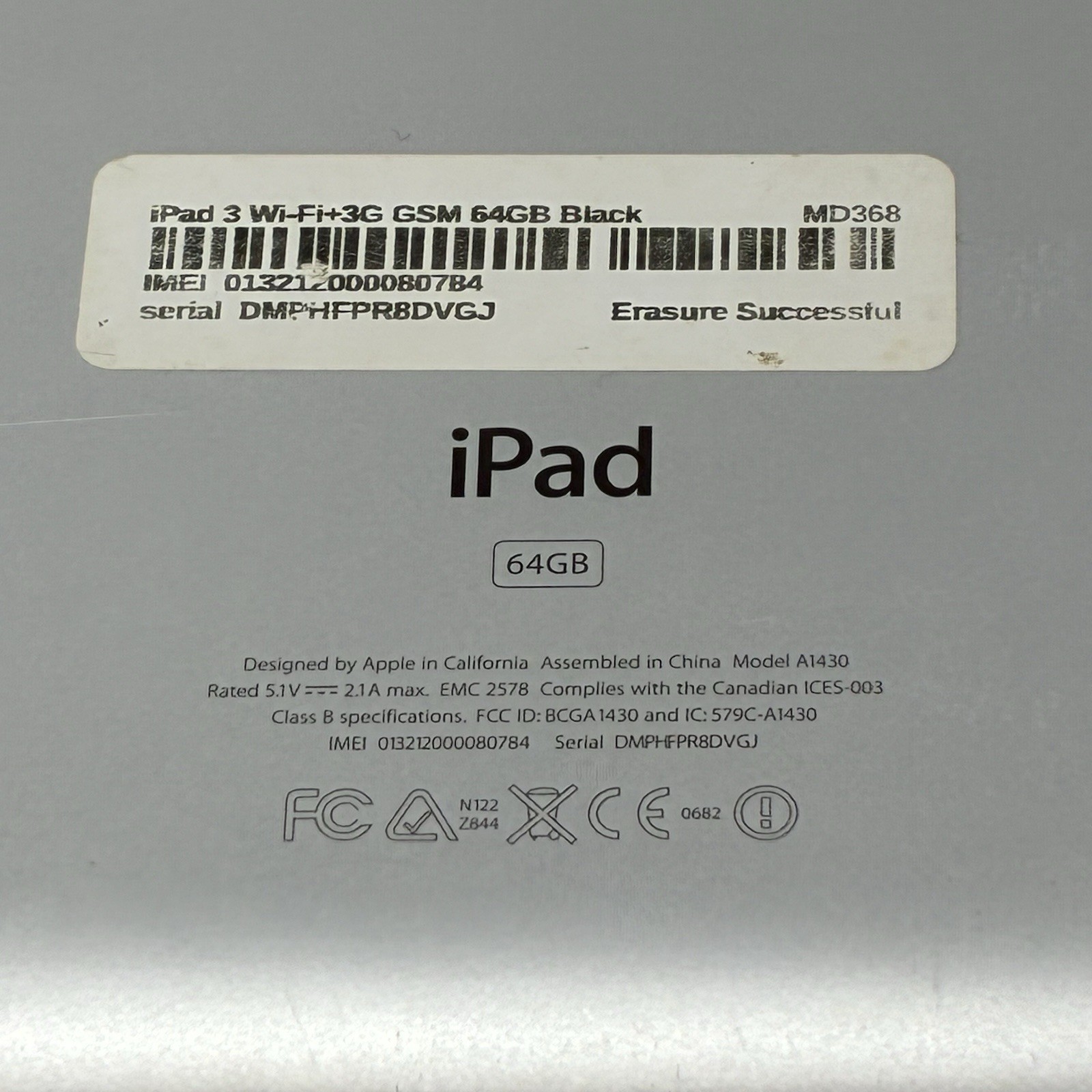 Apple iPad 64GB A1430 3rd Generation Silver – No Charger – No Physical Damage