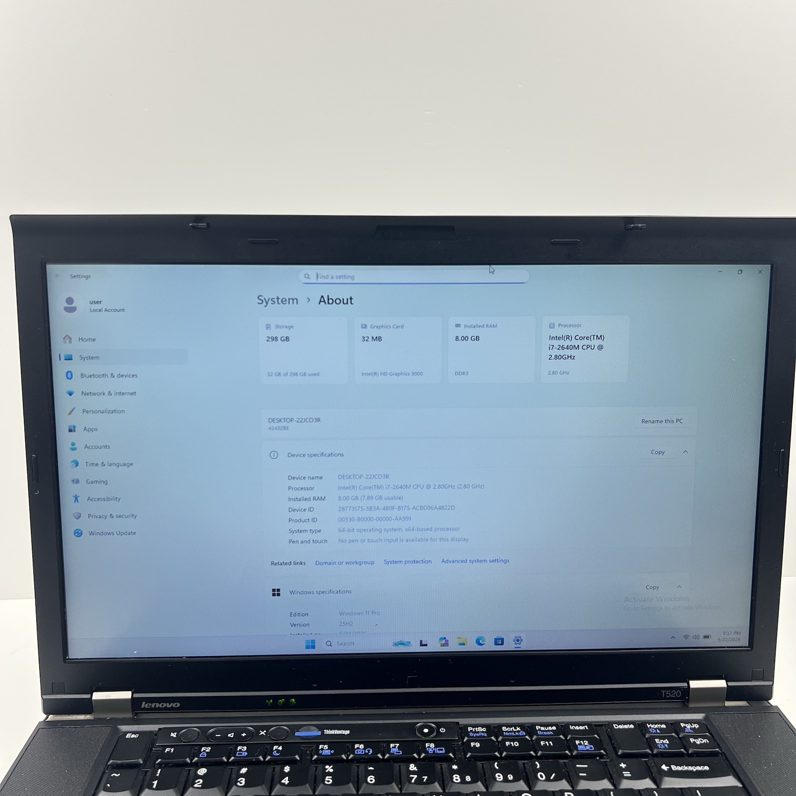 Lenovo ThinkPad T520 Intel i7-2640M 8GB 320GB HDD Win 11 w/ Charger|ELP67, READ