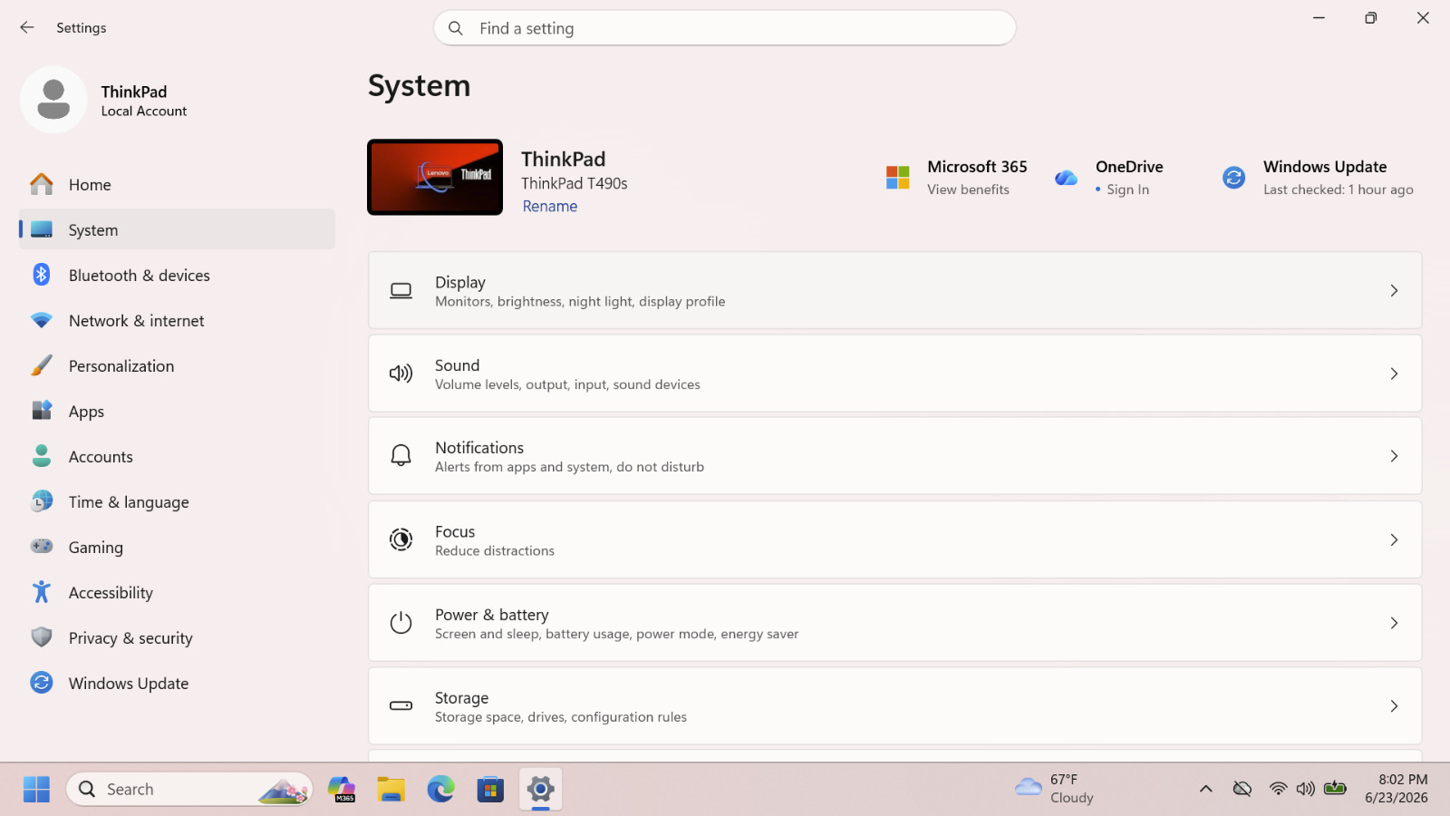 Lenovo ThinkPad T490s (256GB SSD, Intel i5-8365U @1.6GHz ,8GB) [Win 11 Pro 25H2]