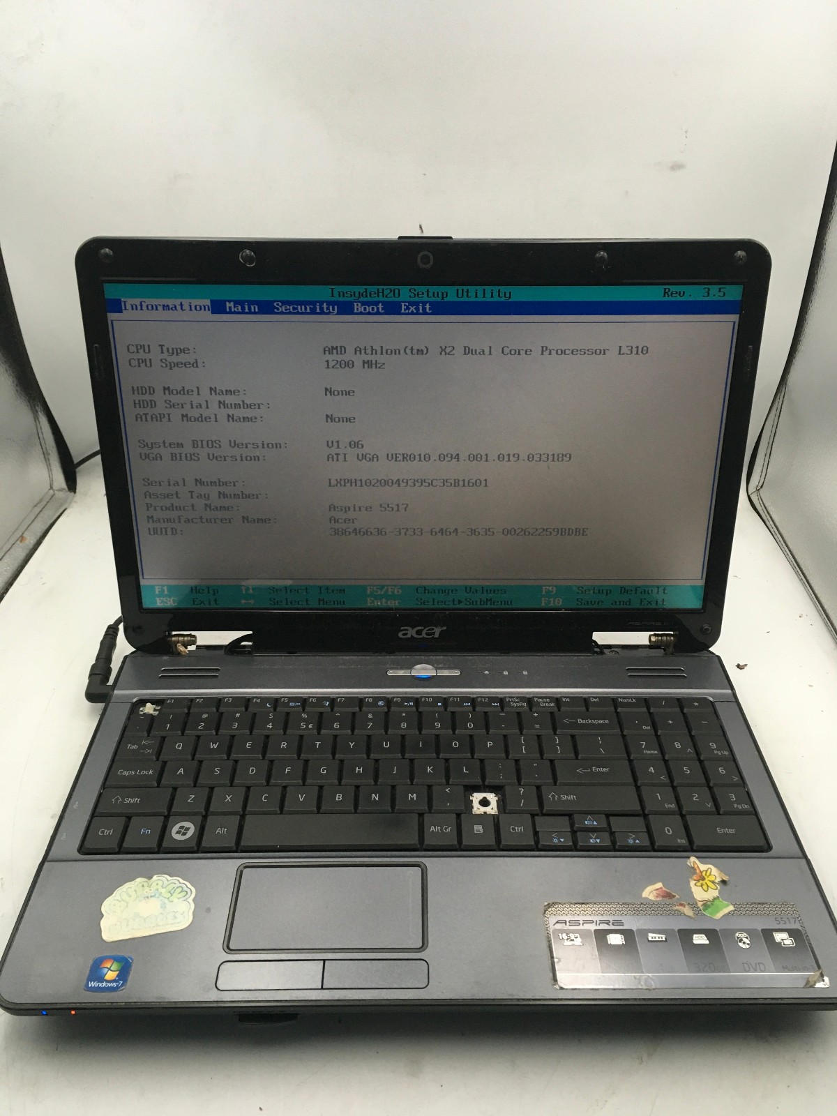ACER ASPIRE 5517 1208 – BOOTS TO BIOS – AMD ATHLON X2 – 4GB RAM – READ DESC – BB
