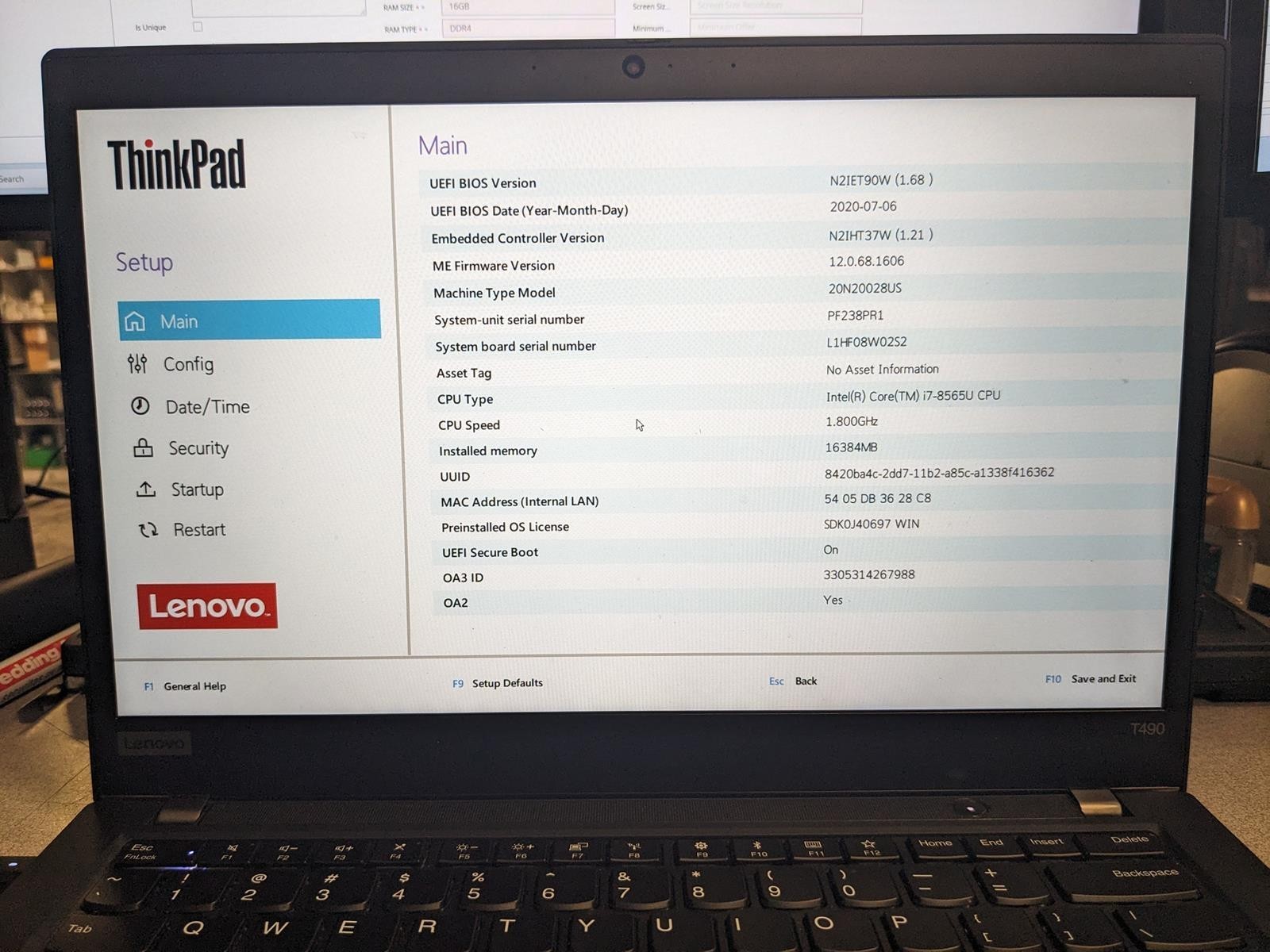 LENOVO THINKPAD T490 i7-8565U @ 1.80GHz, 16GB RAM, NO HDD/OS