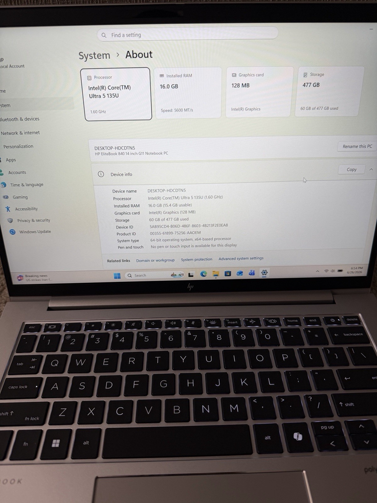 HP ELITEBOOK 840 G11 ULTRA 5 16GB RAM 512GB SSD
