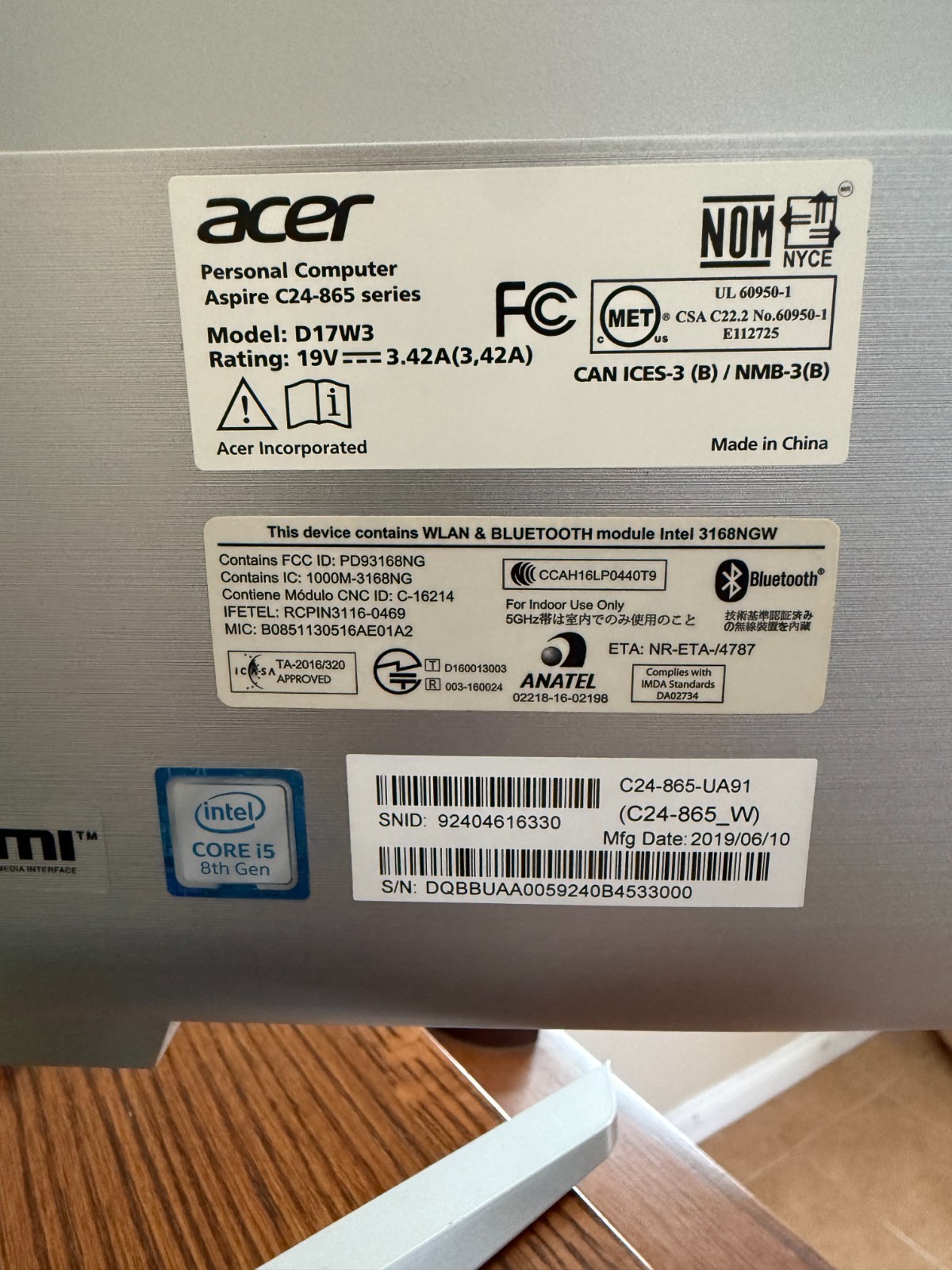 Acer Aspire C24-865 series 21″ Intel Core 8th Gen All in One-Silver Monitor