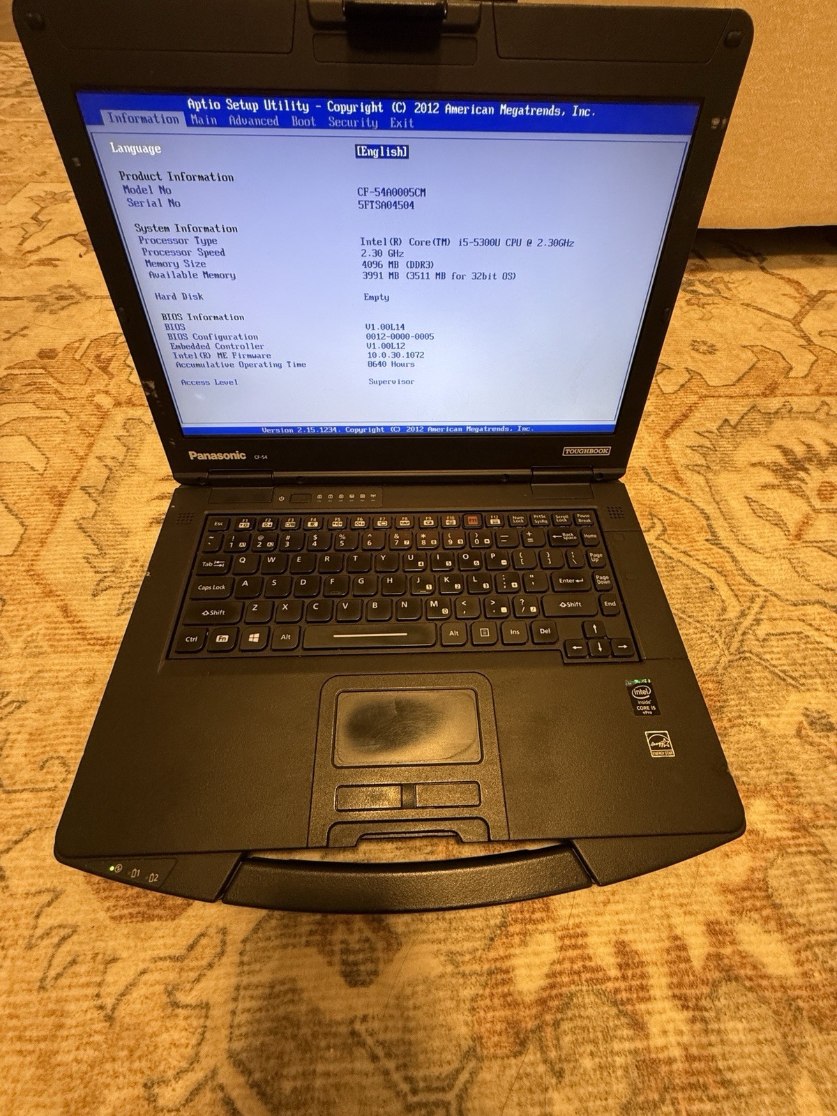 Panasonic Toughbook CF-54 i5-5300U 4GBRAM No SSD Boots to BIOS