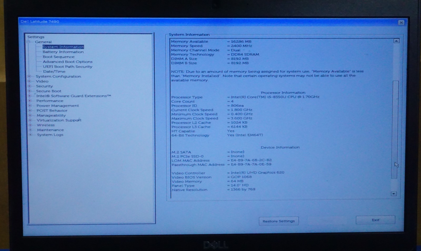 Dell Latitude 7490 Intel i5-8350U @ 1.70GHz 16 GB RAM NO OS / NO SSD