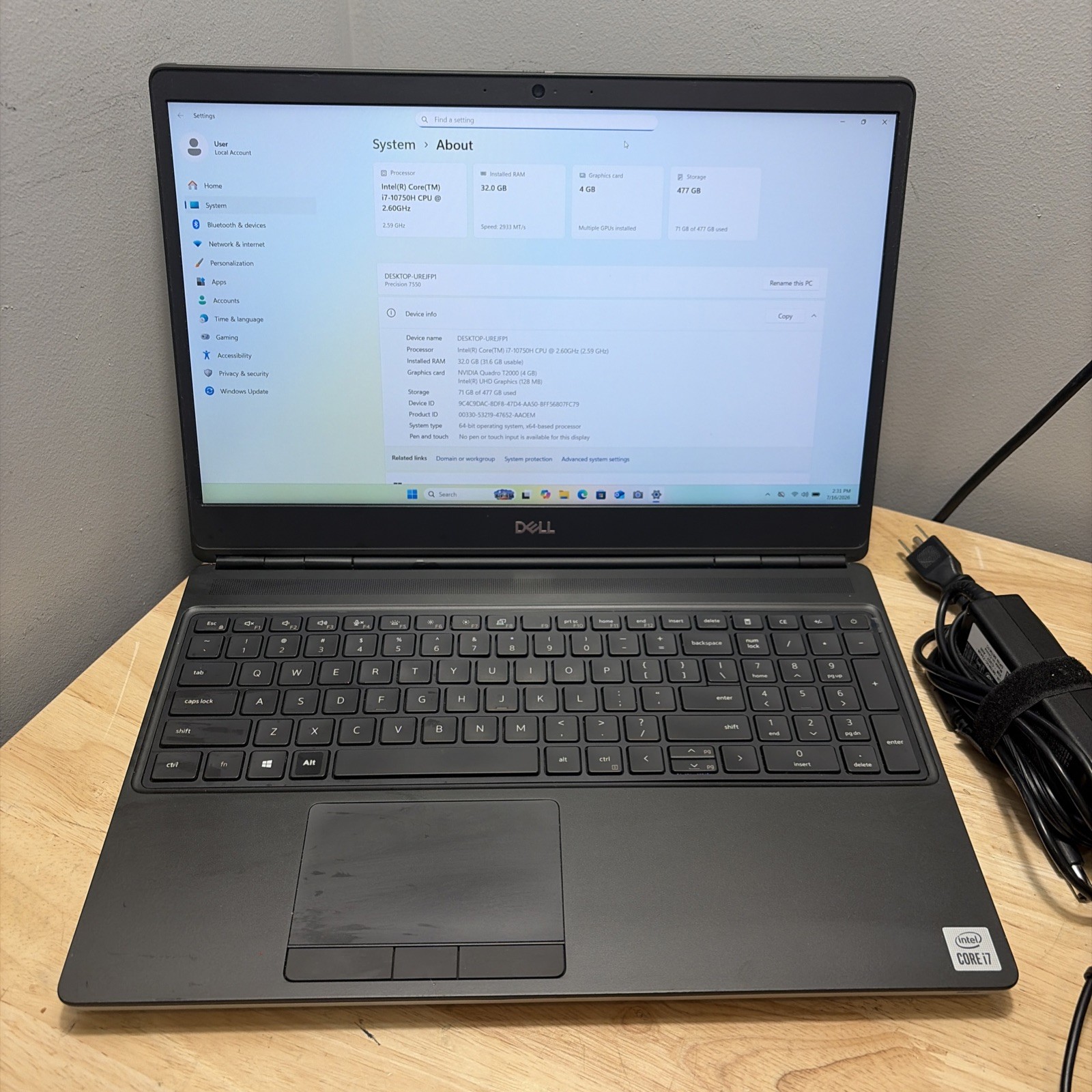 Dell Precision 7550 i7-10750H 2.60GHZ, 512GB SD 32GB NVidia T2000 WCamW11 Cord