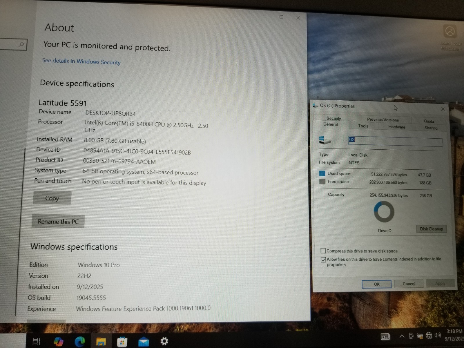 Dell Latitude 5591 / Intel Core i5- 8400H 2.50GHz / 8GB RAM / 256GB SSD / W10Pro