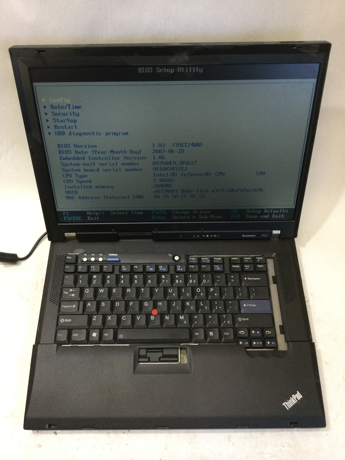 LENOVO THINKPAD R61 – BOOTS TO BIOS – INTEL CELERON – NO RAM – READ DESCRIP – BB