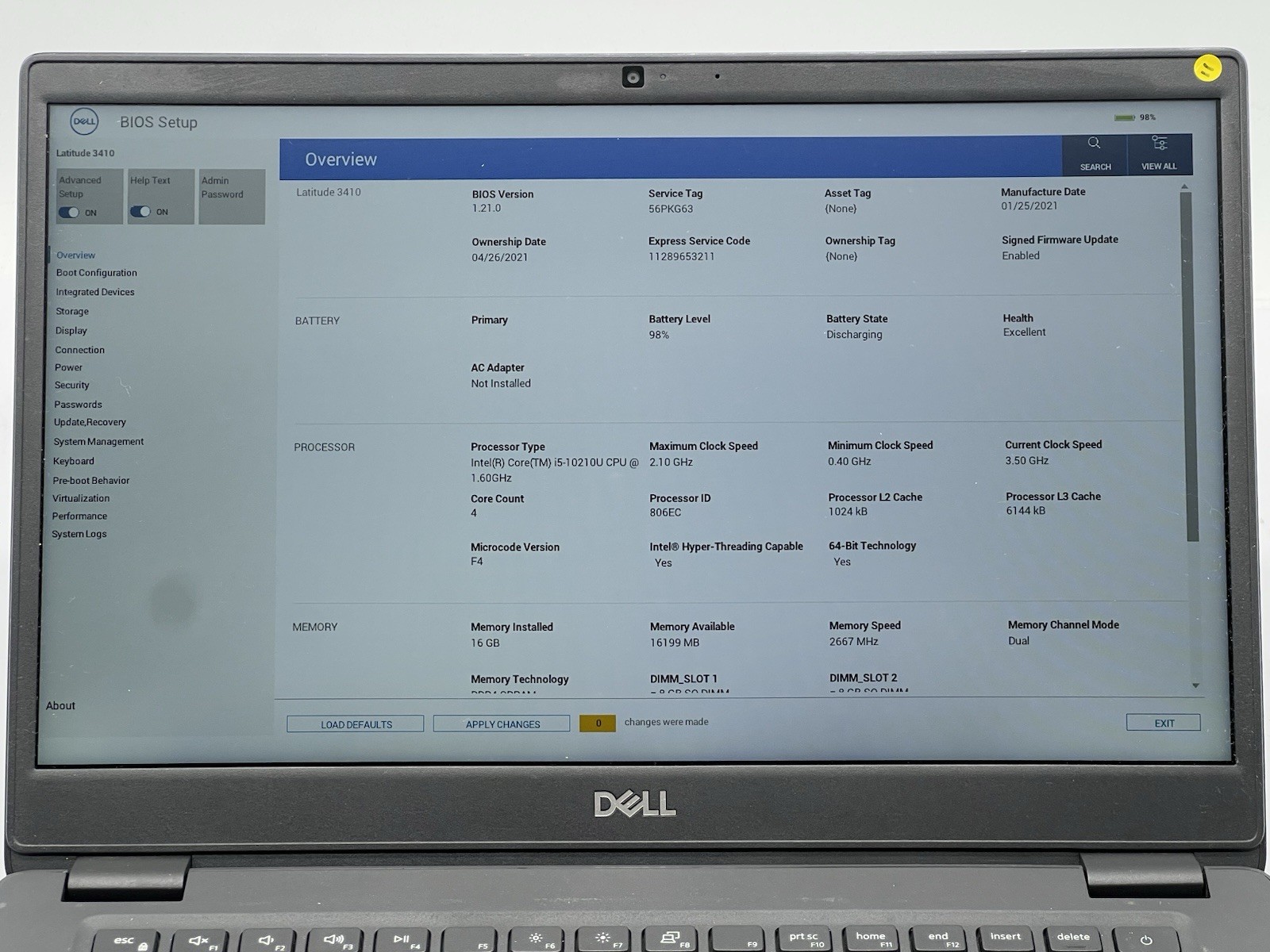 Dell Latitude 3410, i5-10210U CPU, @ 1.60GHz, 16GB RAM, 256GB NVMe-No OS/Charger