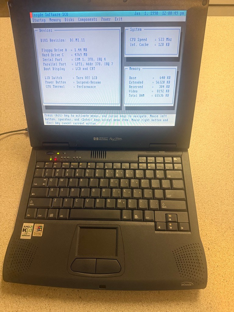 Vintage HP Pavilion N3330 Laptop Windows 98 Working Comes With Power Cord.