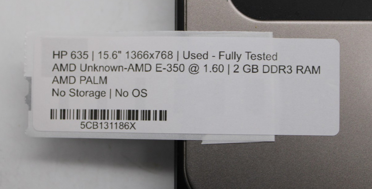 HP 635 15.6″ AMD E-350 2GB RAM NO STORAGE/OS *PARTS/REPAIR*