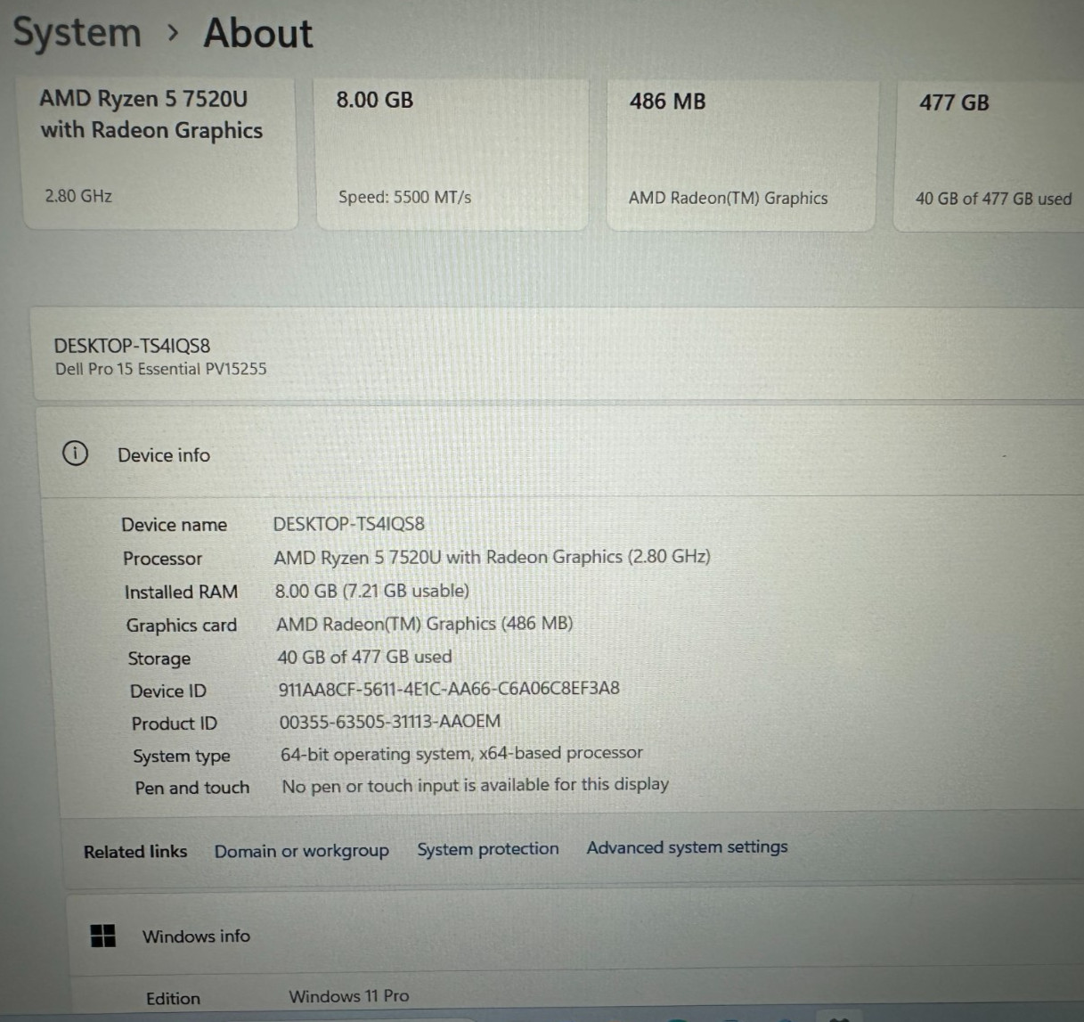 DELL PRO 15 LAPTOP AMD RYZEN 5 7520u @ 2.80GHZ 8GB RAM 588GB SSD (lp713)