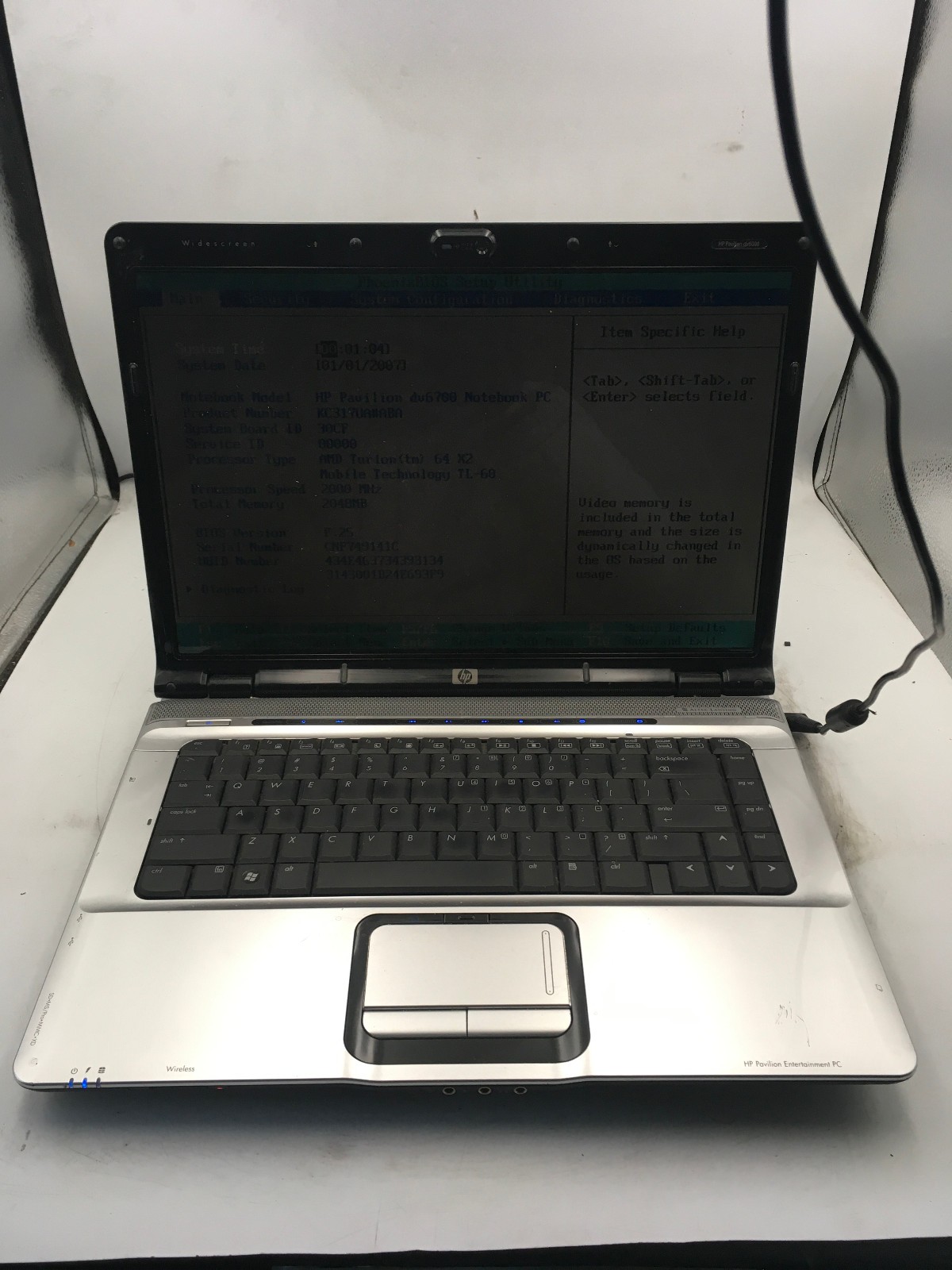 HP PAVILION DV6700 – BOOTS TO BIOS – AMD TURION 64 X2 – 2GB RAM – READ DESC – BB