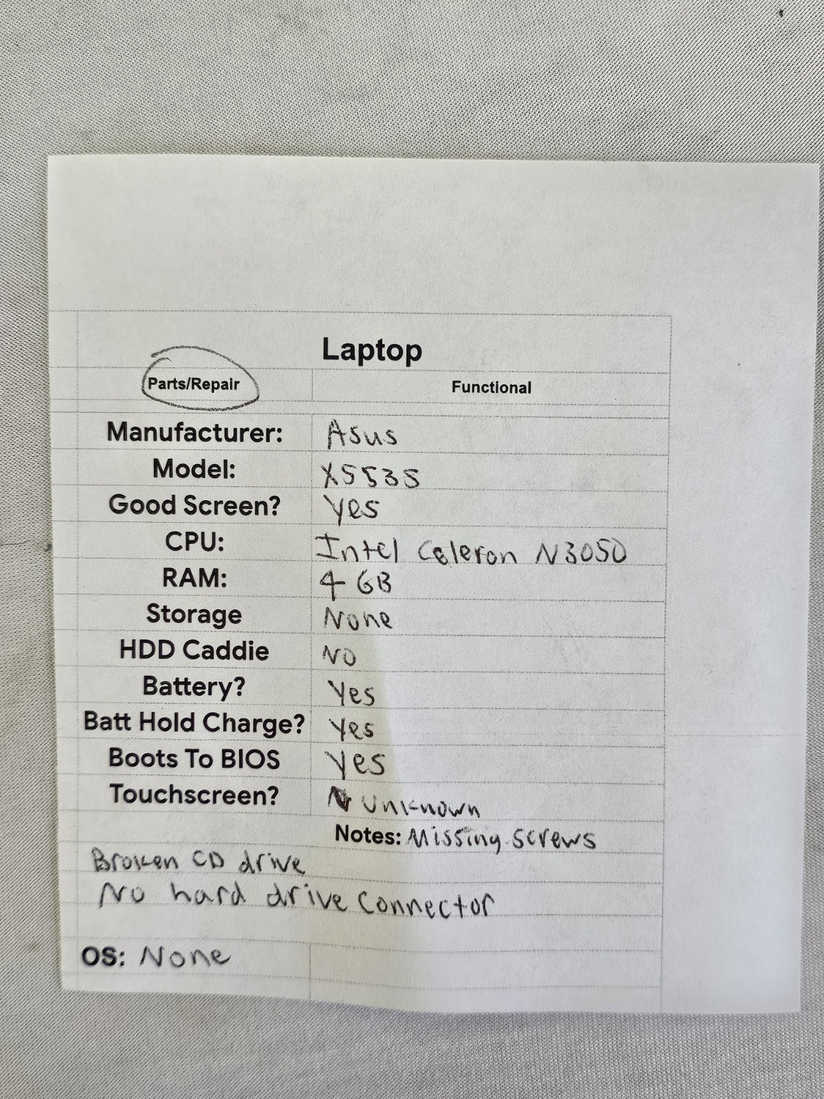 ASUS X553S Laptop – Celeron N3050 – 4GB RAM – Parts/Repair – Read Desc.