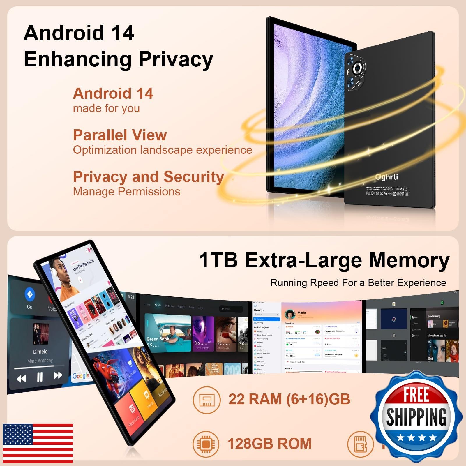 Dghrti 2025 Android 14 Tablet, 22GB RAM+128GB ROM+1TB Expand, 8000mAh Battery