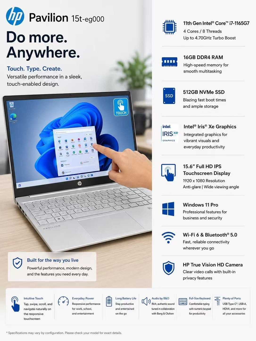 HP Pavilion 15t-eg000 Touch i7-1165G7 16gb Ram 512gb SSD Iris Xe W11P Laptop